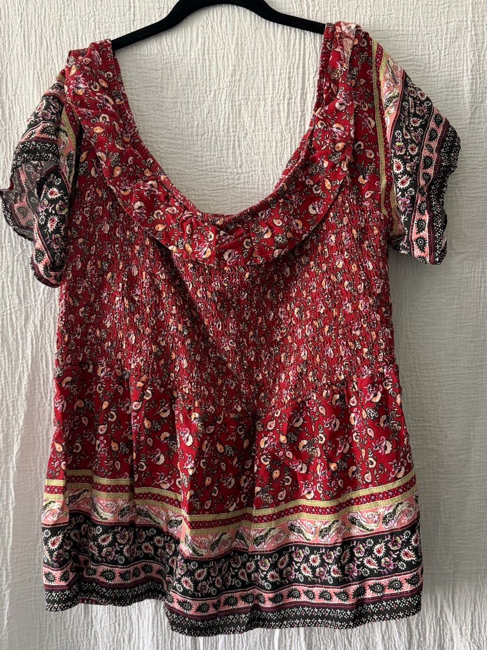 Maurices Red Floral Smocked Peasant Top
